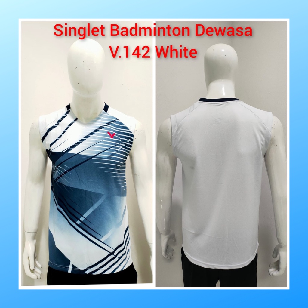 Kaos bulutangkis pria baju badminton singlet V142 putih polos jersey olahraga wanita dewasa tshirt outfit seragam kostum jersy custom casual print suit pakaian jarsey oblong apparel sport jersi sudirman thomas uber cup bulu tangkis