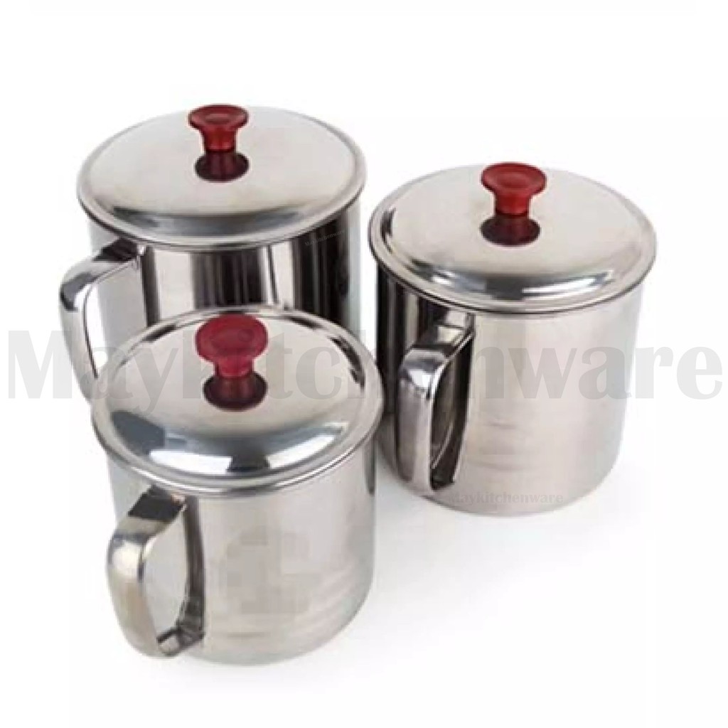 Mug Stainless Steel 8 CM + Tutup Muk Gelas Cangkir Kopi Teh Anti Karat Gunung Minum Air Panas Dingin