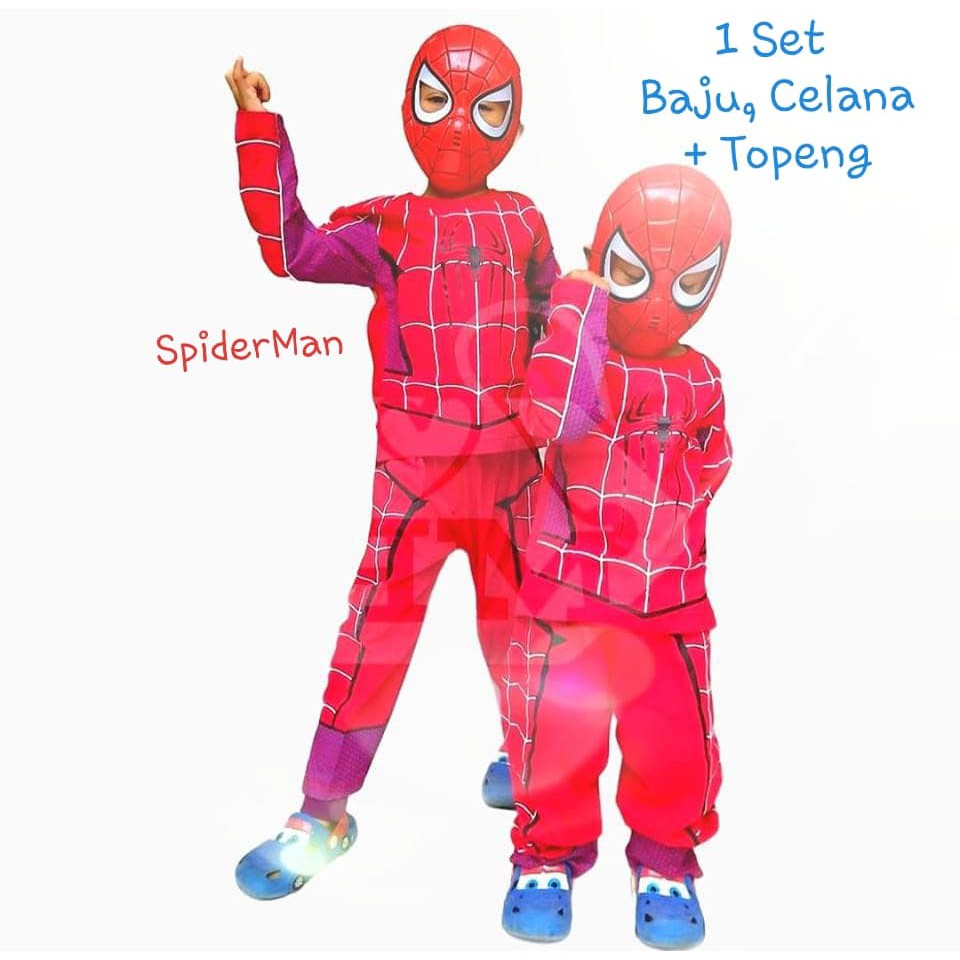 ( 1SET baju + topeng ) kostum spiderman - baju superhero spiderman - baju + topeng spiderman