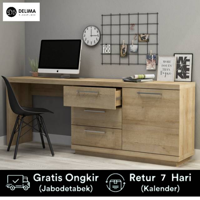 Meja Belajar / Meja Kerja Klasik dengan Rak Kabinet 3 Laci, Sonoma Oak