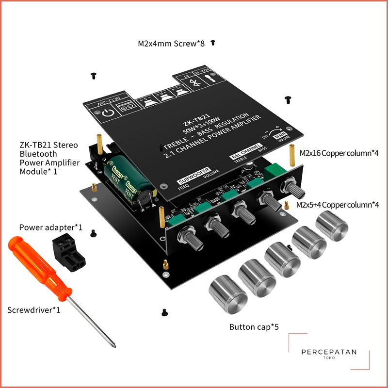 【ZK-TB21】Penyesuaian Tinggi dan Bass 2.1 Channel Bluetooth Modul Penguat Daya Digital Penuh【TPA3116D2】Dapat dihubungkan ke subwoofer yang kelebihan berat badan 50W*2+100W Amplifier