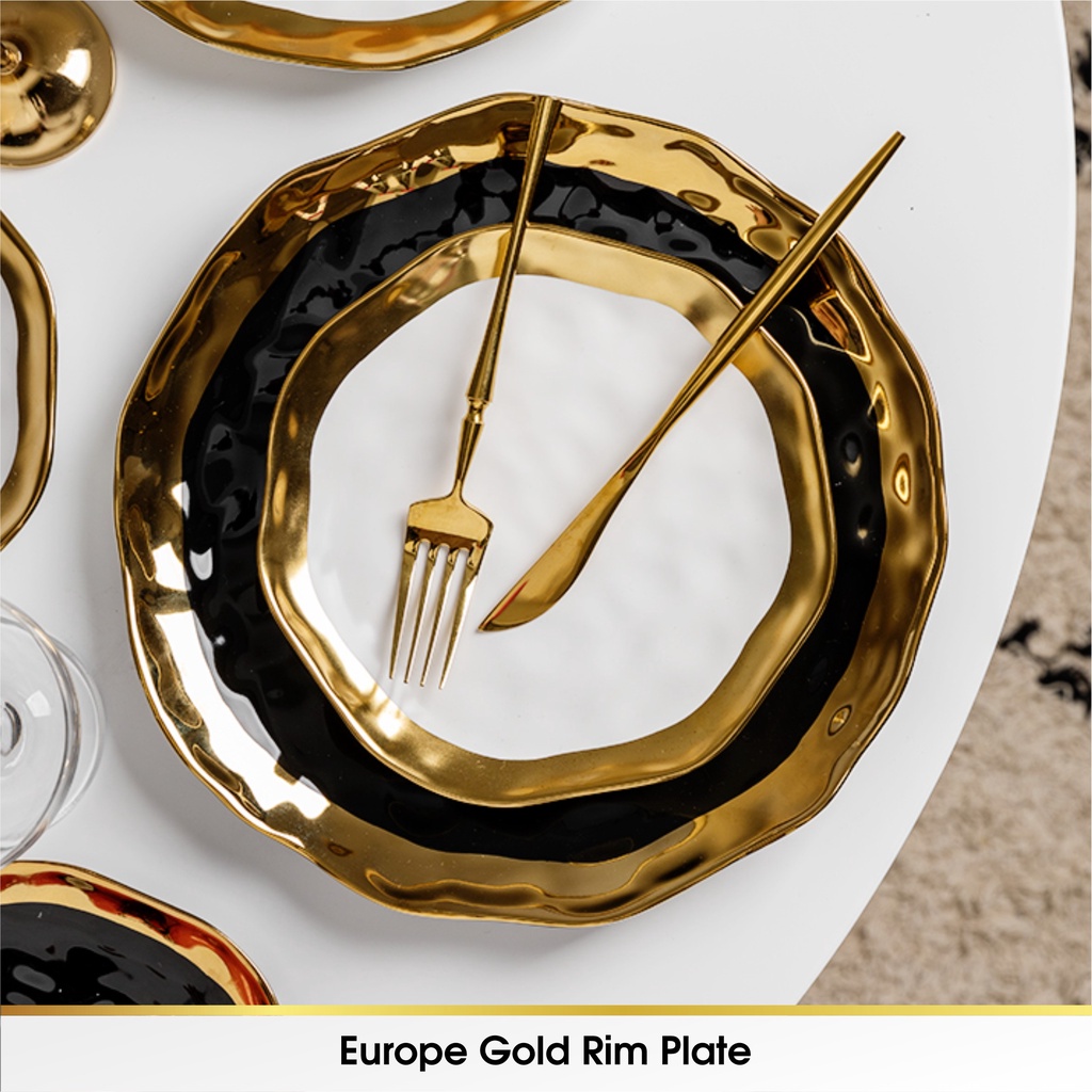 European Style Gold Piring Rim Matte Plate Makan Keramik Salad Fine Dining Cantik Ceramic Mewah