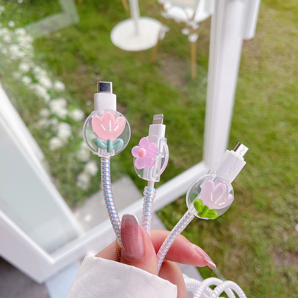 【COD Tangding】Set Kabel Data / Charger Transparan Motif Kartun Tulip Untuk Apple Huawei OPPO Vivo