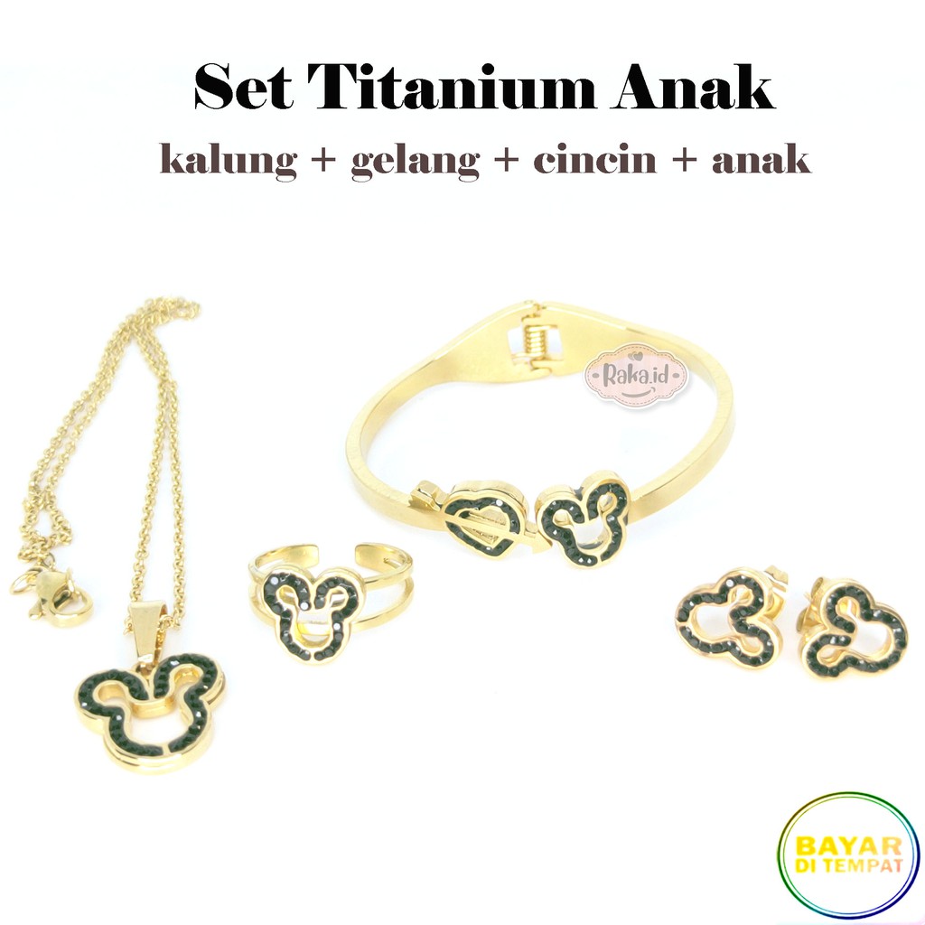 Paket Set Titanium Anak Kalung + Gelang + Cincin + Anting Mickey Hitam Stainless Steel Gold 638