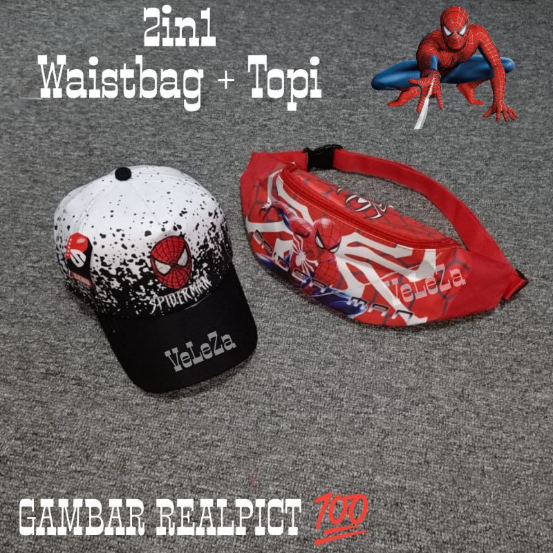 Waistbag anak karakter spiderman 2in1 - Waistbag + topi