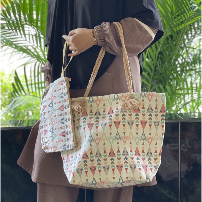 Tote Bag kanvas sumbu rit besar set pouch