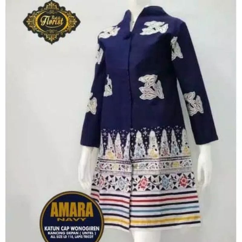 Tunik kantoran Batik Solo Premium Atasan Batik Warna Biru Wanita Batik Cap Lapis Furing Batik Kerja Modern