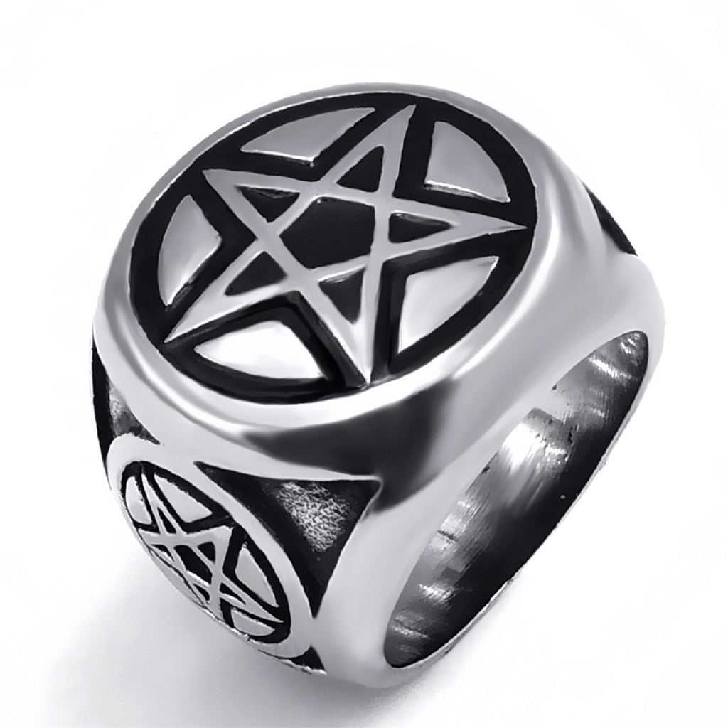 SEUSUK Punk Steel Ring Band Wicca Magic Pentagram Pentacle Star Biker Jewelry