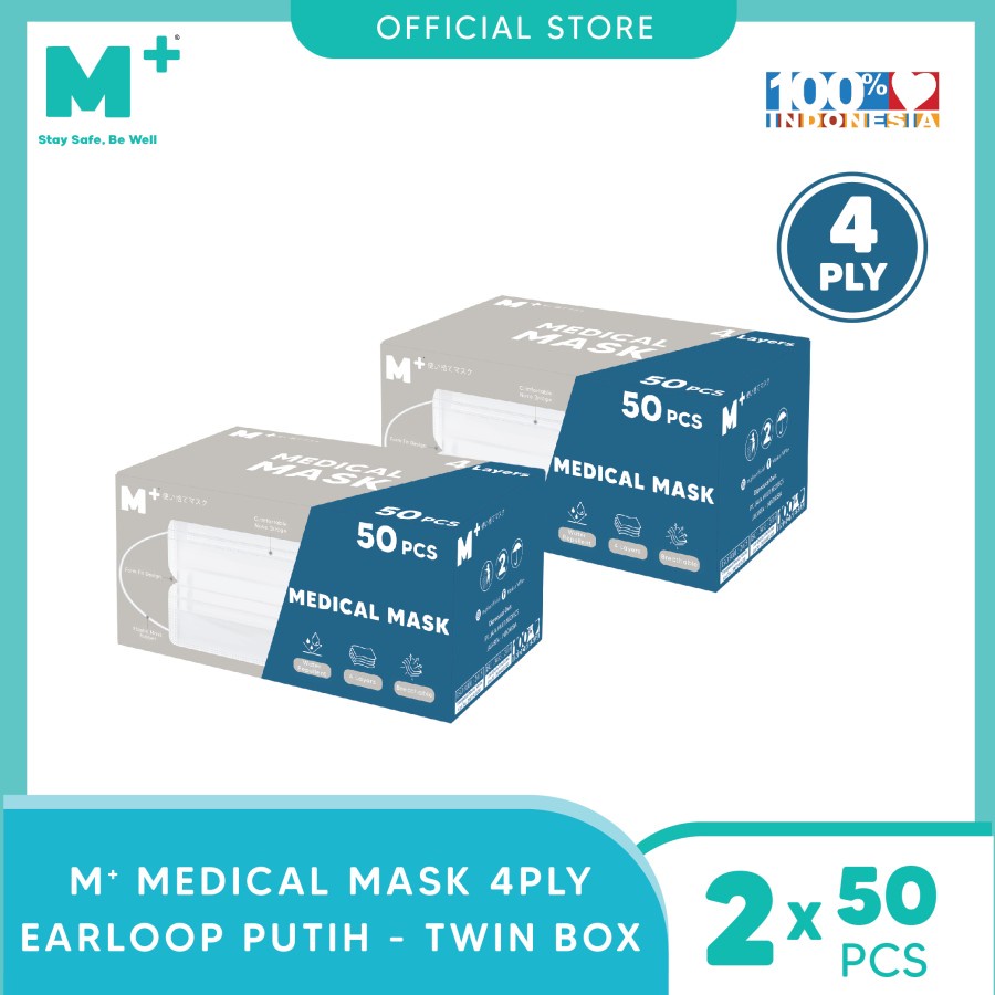 Jual Paket 2 Box M+ Surgical Mask Earloop 4 Ply - Masker Medis Isi 50 ...