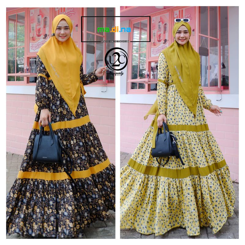 alula set khimar by Madina syari/gamis lime motif bunga/hitam