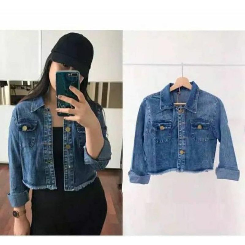 JAKET CROP JEANS RAWIS DENIM JINS JAKET WANITA CEWE CEWEK JAKET MURAH TERBARU CROP JAKET