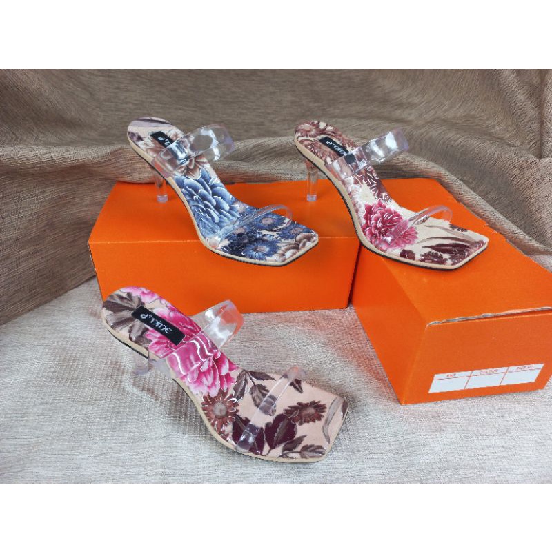 d'NINE KS 07 Sandal Wanita heels kaca 7cm motif bunga