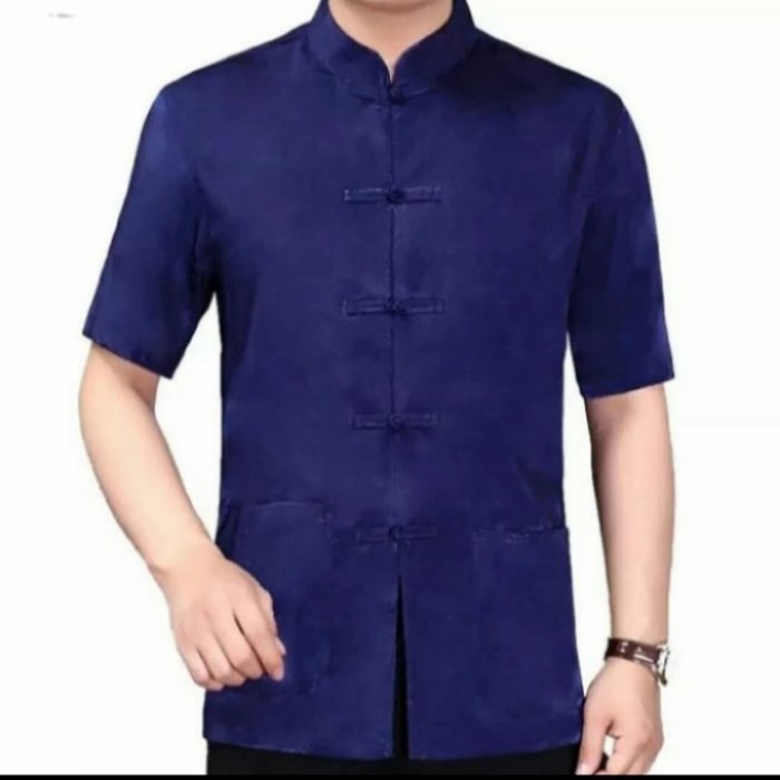 baju cheongsam kemeja atasan pria putih polos size M-XL - Biru, M