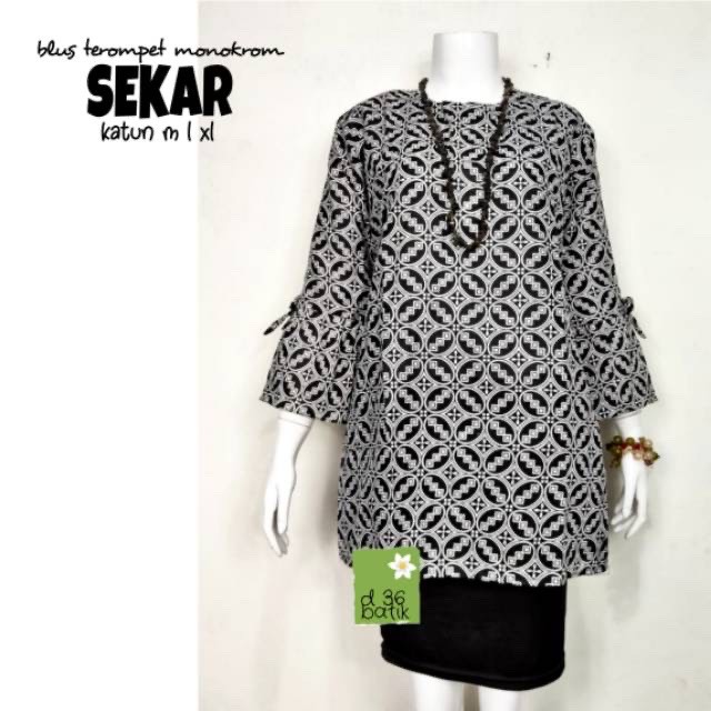 Blus Terompet Monokrom Syakila Batik Sekar Atasan Cantik Kerja Seragam Casual Cakep Kekinian Baru