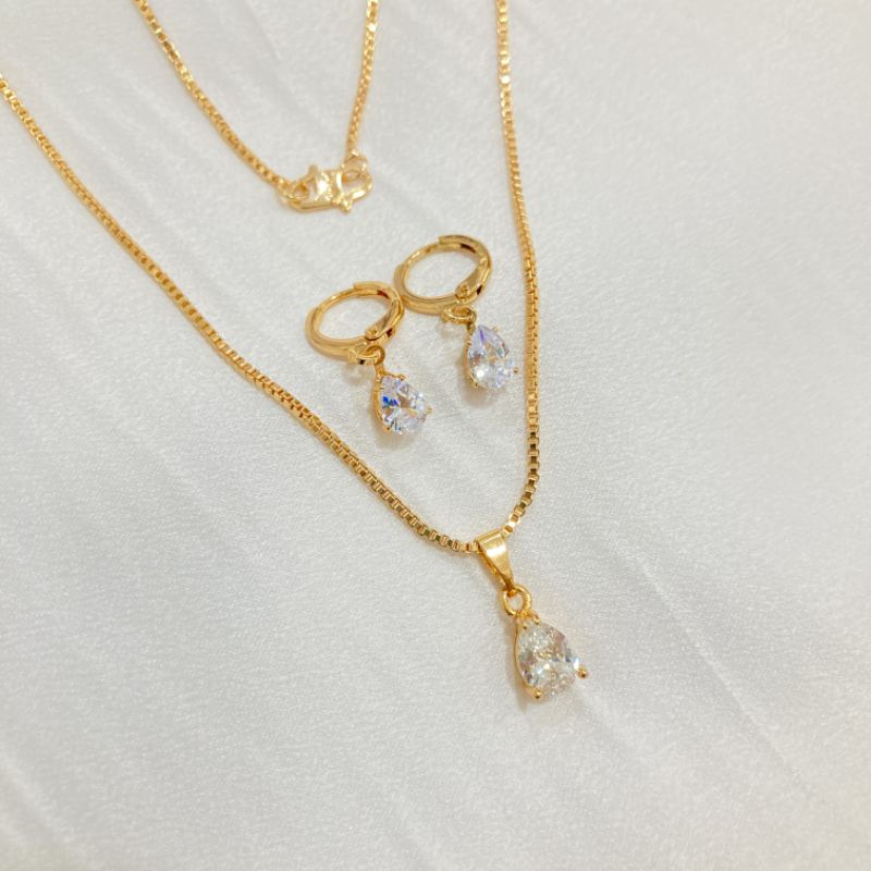 Set Dewasa Kalung Anting Tetes Air Mata Satu Berlapis Emas Aksesoris Fashion Perhiasan Wanita korea