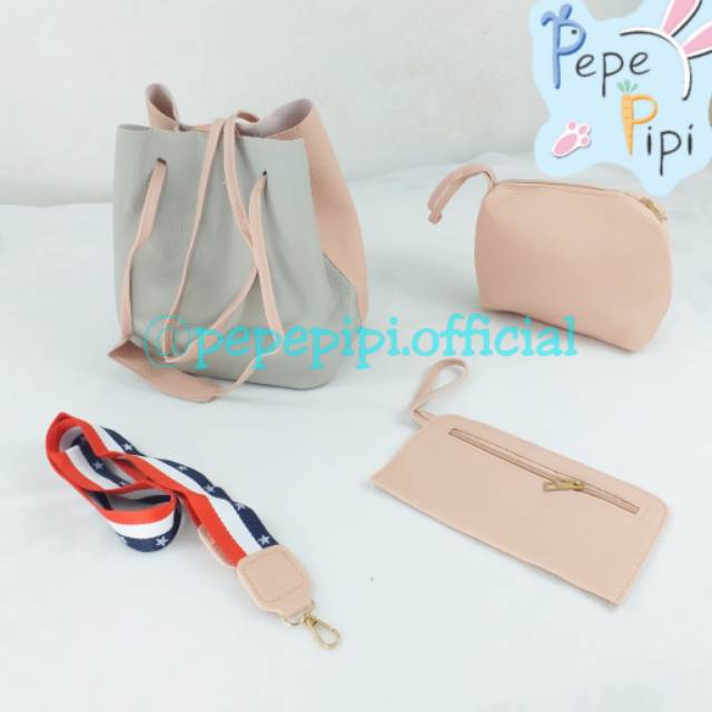 Two Tone Bag - Tas 2 Warna - Tas Selempang/Sling Bag 3 in 1 Kulit-Dengan Pouch dan Dompet Murah Lucu