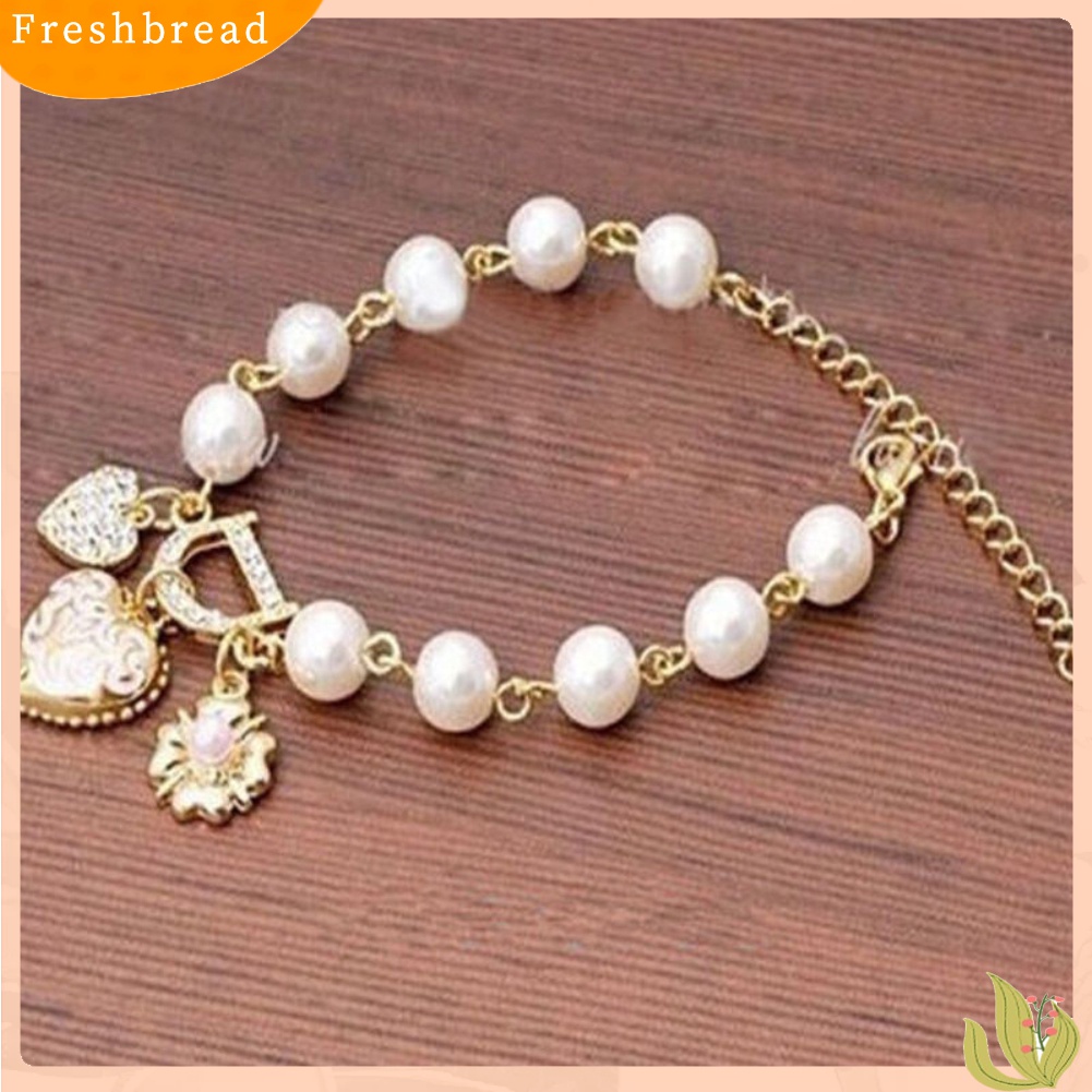 【Fresh】Fashion Faux Pearl Rhinestone Love Heart Pendant Bracelet Jewelry Party Gift