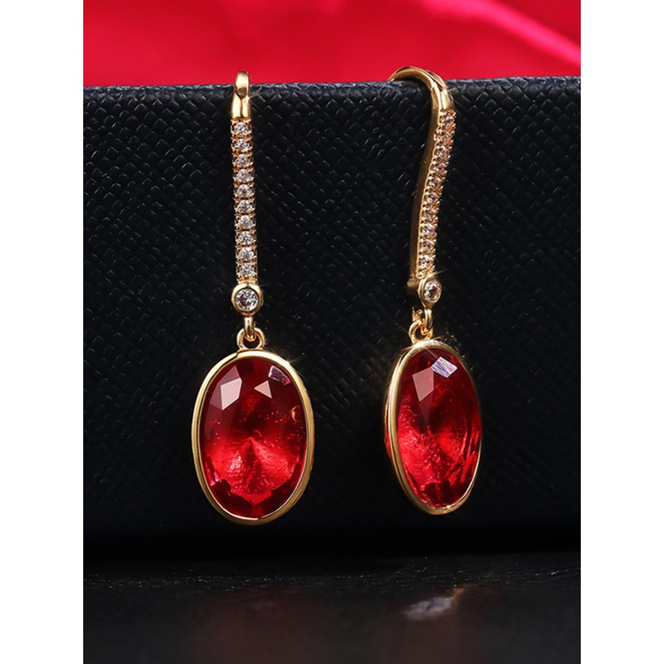 Anting Juntai Bentuk Oval Warna Merah Gaya Retro Vintage Untuk Wanita