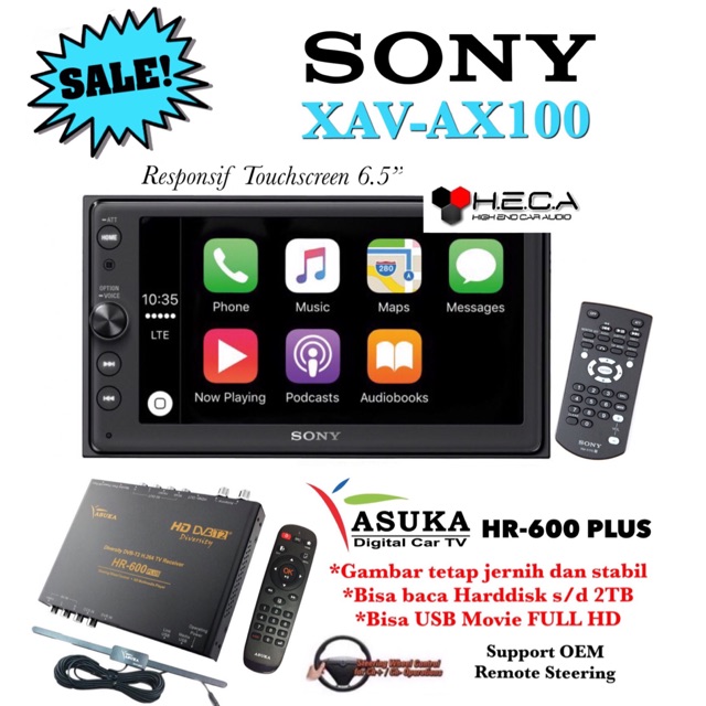 Paket Sony XAV-AX100 Head Unit Tape Mobil Double Din XAV AX100 & TV Tuner Digital Asuka HR-600 PLUS