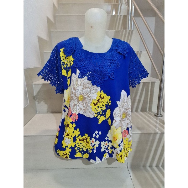 Blouse Brukat Bunga Renda Combi Brukat Impor XL-2XL-525 - Biru Ld 104