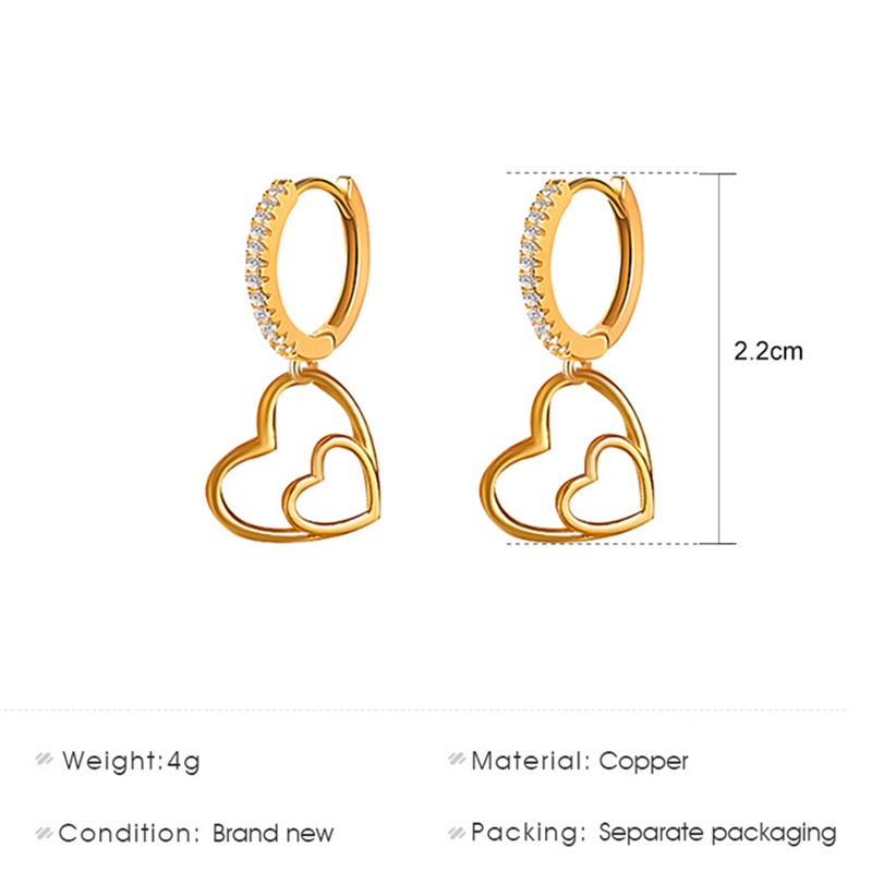 Fashion Diamond Double Heart Earrings Anting Wanita Cinta Manis Yang Indah