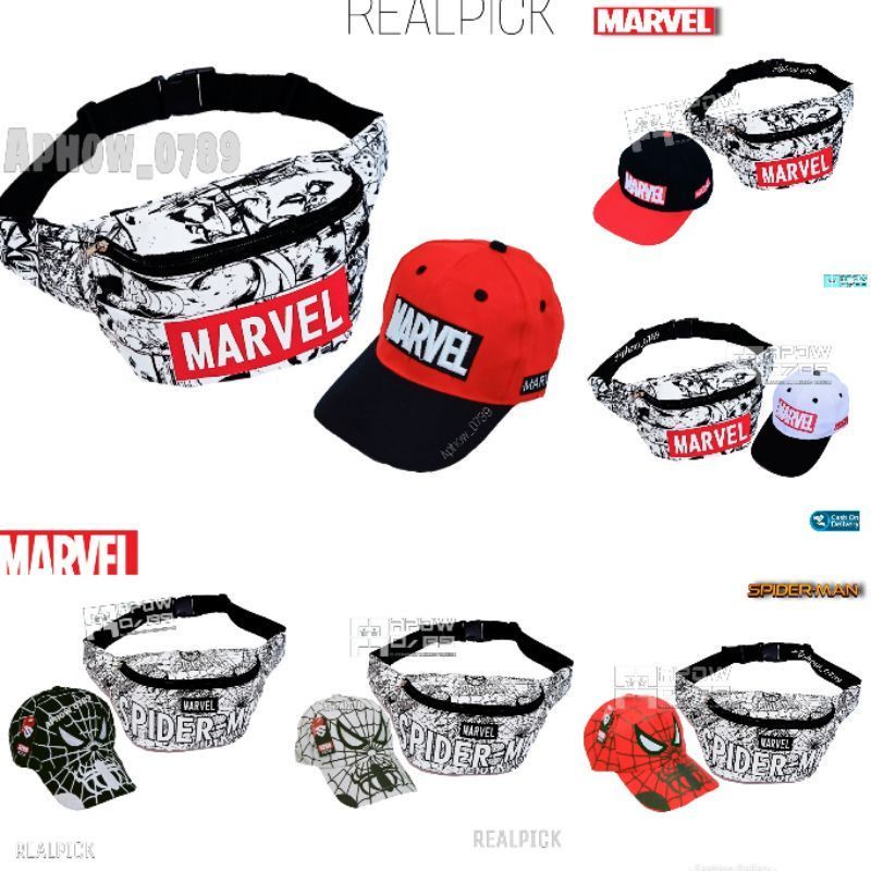 Paket 2in1 tas selempang Tas bahu Waistbag anak marvel / topi anak Marvel Umur 2-10thn