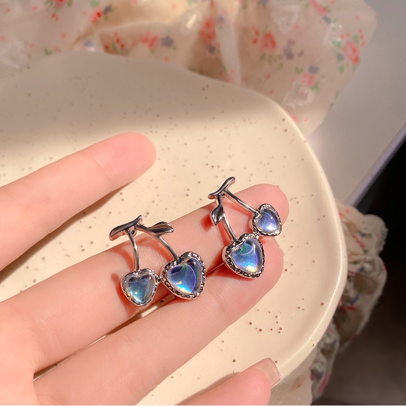 Anting Tusuk Bentuk Cherry Moonstone Bahan Alloy Lapis Silver Untuk Wanita