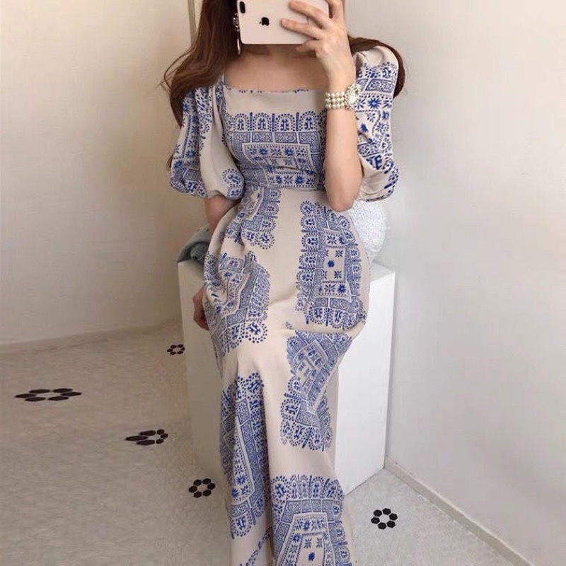 H7/D6 Korean Square neck dress lengan pendek puffy / long dress / midi dress / vintage dress