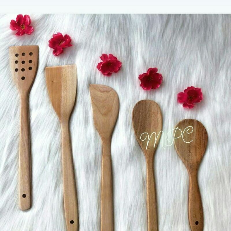 Set Sutil Kayu Mahoni/Spatula Kayu/Sodet Kayu Isi 5
