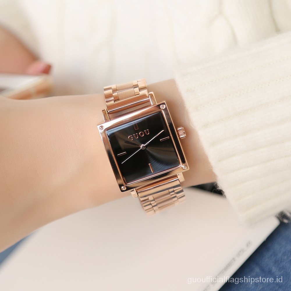 【Factory Outlet】GUOU Watch Square Fashion Sederhana Sabuk Baja Jam Tangan Wanita Grosir Empat Skala Tahan Air Quartz