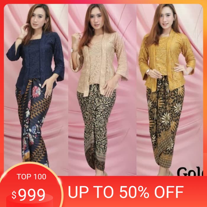 Promo % kebaya kutubaru/setelan kebaya moderen/kebaya brukat full furing/kebaya kekinian/warna gold/
