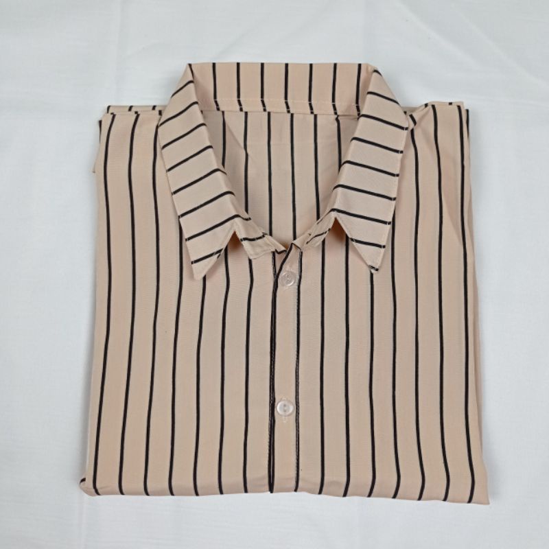 Kemeja Wanita Salur Atasan Blouse Monalisa Stripe Lengan Panjang Korean Style Motif Garis Garis Wolfis-MOCCA