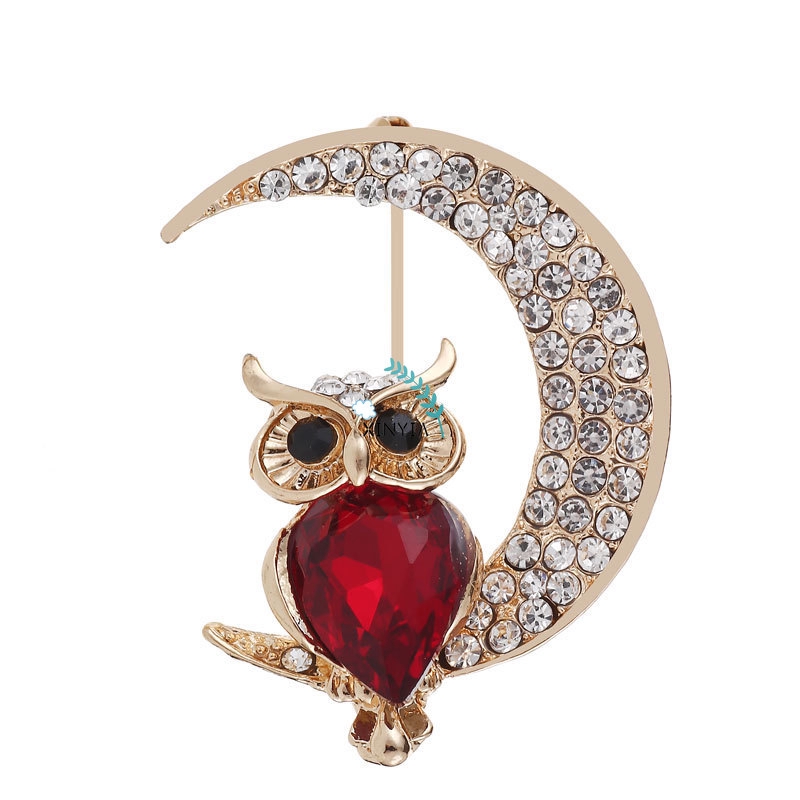 Crystal Bros Owl Moon Kartun Wanita Aksesoris Pakaian Brooch Berlian Imitasi Bermutu Berlian