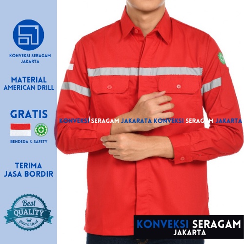 Baju Kemeja Safety K3 Lengan Panjang - Seragam Kerja Atasan Wearpack Werpack Werpak Proyek Tambang Warna Merah Pria Wanita - Konveksi Seragam Jakarta