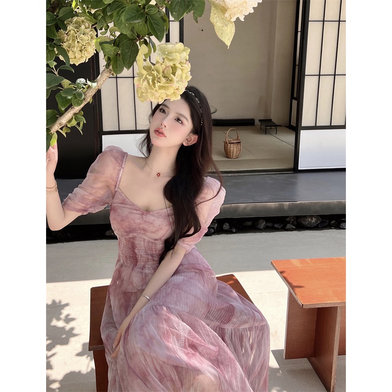 Suhao pink mesh lengan pendek gaun sifon wanita musim panas manis gadis panas angin lembut tie-dye t