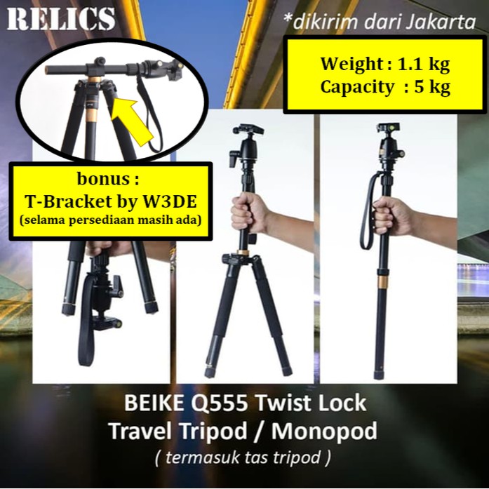 FREE T BRACKET - Beike Tripod Q555 Twist Lock  QZSD555 TWISTLock - Portable Travel Tripod Monopod