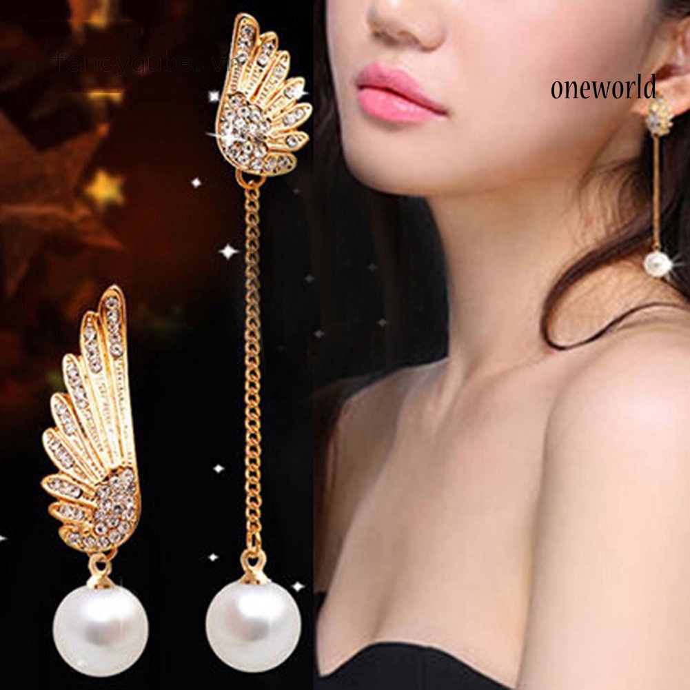 OW@ Asymmetric Rhinestone Inlaid Angel Wings Tassel Faux Pearl Women Stud Earrings