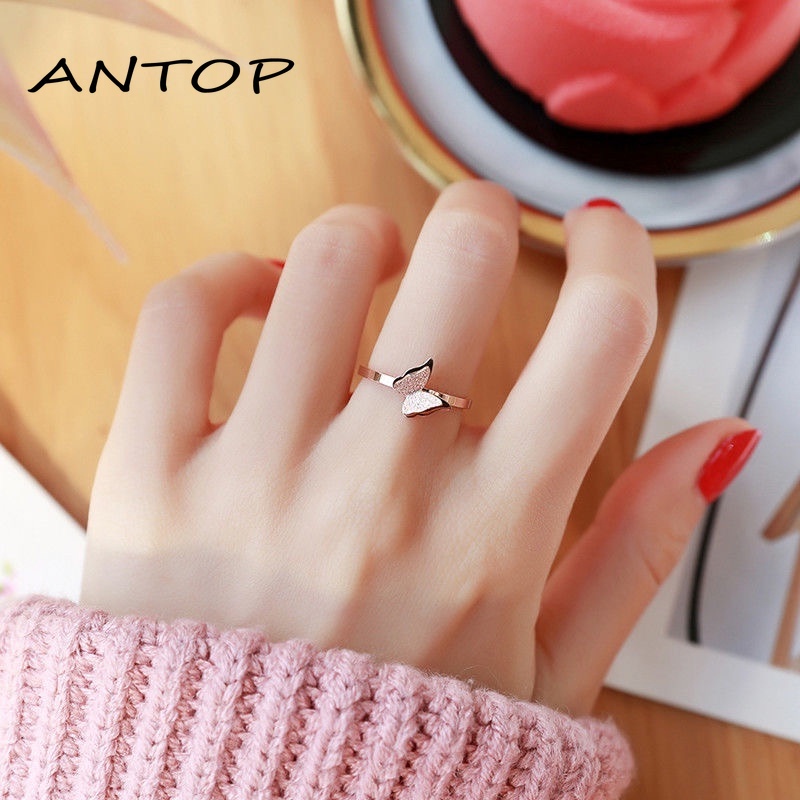 Korea Cincin Titanium Wanita Kupu Karat Lapis Emas Anti Karat Perhiasa Aksesoris Mode ANTOP