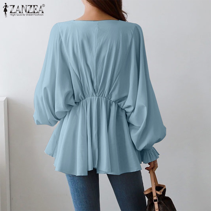 ZANZEA Women V Neck Casual Elastic Waist Lantern Sleeve Ruffles Hem Korea Blouse