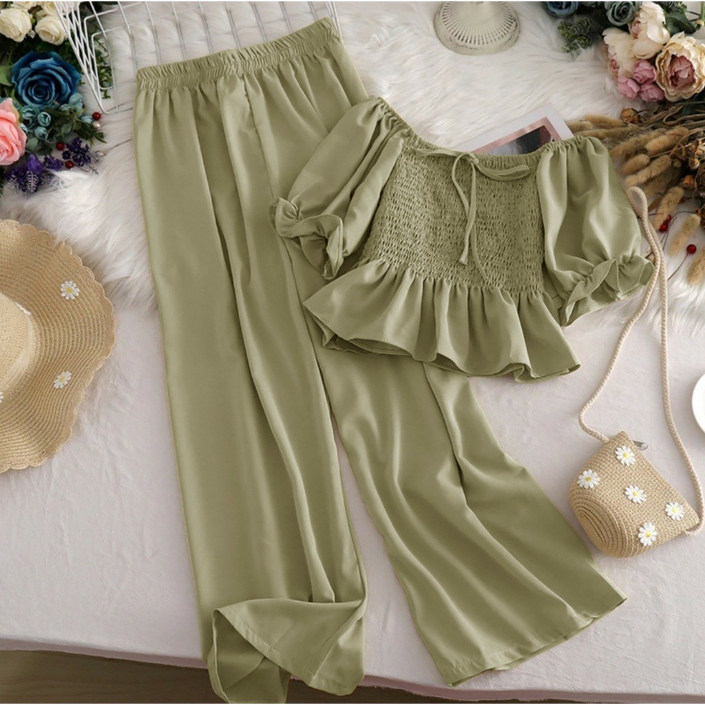 Setelan Knit Wanita Kekinian 2022 Reach Terbaru Sage Green Hijau Sage Stelan Atasan Model Batwing Ju