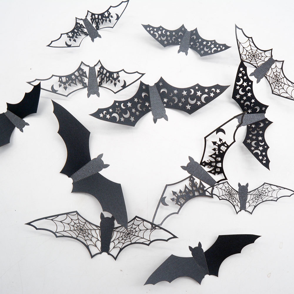 12 Pcs Stiker Dinding Desain Kelelawar 3D Warna Hitam Untuk Dekorasi Halloween