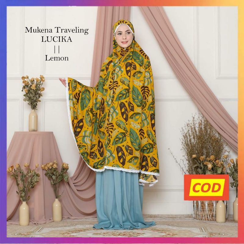 Raszi Official Mukena Traveling Dewasa Katun Rayon Premium Warna Lemon Motif Janda Bolong List Renda
