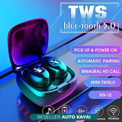 Headset Bluetooth TWS XG12 Murah Stereo Tombol Power Master Akustik Earphone Elegant XG-12 Mini Blue
