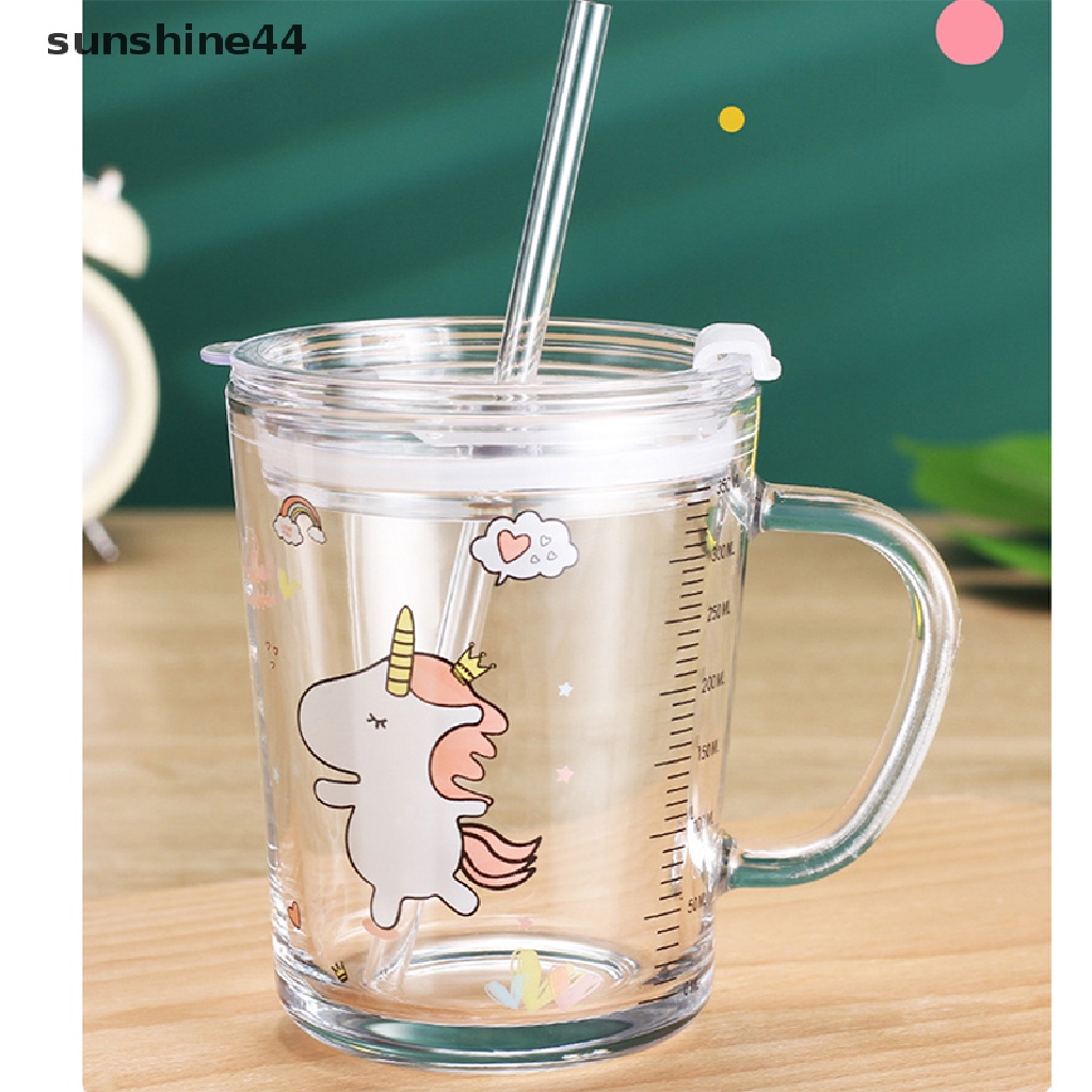 Sunshine Gelas / Mug Kaca Motif Kartun Lucu Dengan Tutup + Sedotan Untuk Susu