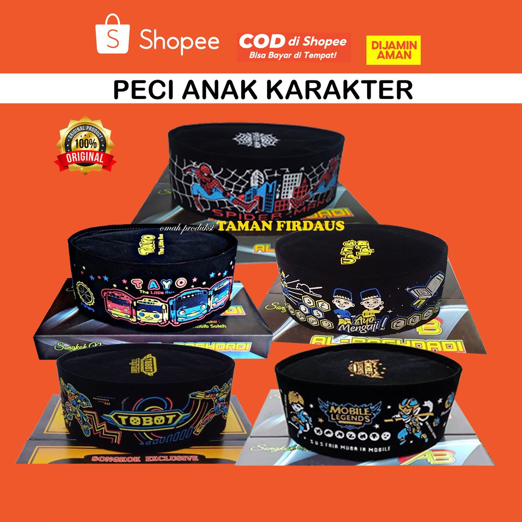 Peci Anak Karakter/Kopiah Anak/Tinggi 9 cm/Peci Anak Laki Laki/Songkok Hitam Anak/Peci Hitam/Kopiah