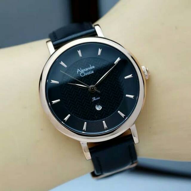 JAM TANGAN WANITA / CEWEK ALEXANDRE CHRISTIE ROSE GOLD BLACK TALI KULIT ORI - HITAM ROSEGOLD AC 2750