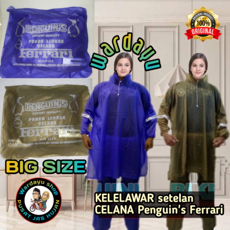 Jas Hujan Penguin Ponco Lengan Setelan Celana Ferrari  / Mantel Penguins Stelan Kelelawar Dewasa Pria Wanita Kuat Awet Murah Kualitas Terbaik Jumbo Remaja Cewek Cowok Terbaru Model Terusan Batman