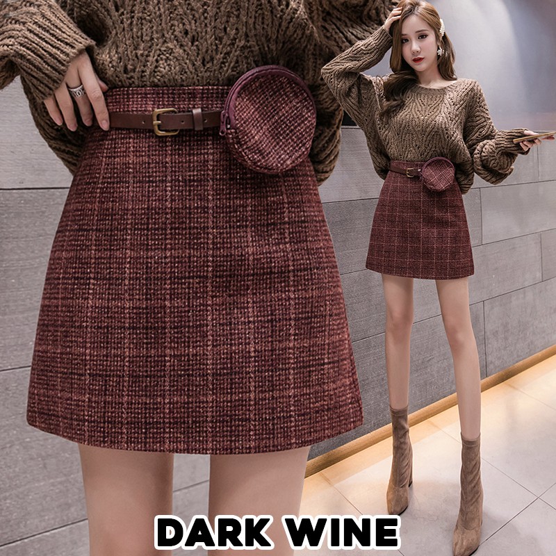 KARAKOREA 9807 Winter Skirt with Mini Pouch and Belt/Korean Mini Skirt/Rok Pendek Wanita/Rok Korea Skirt