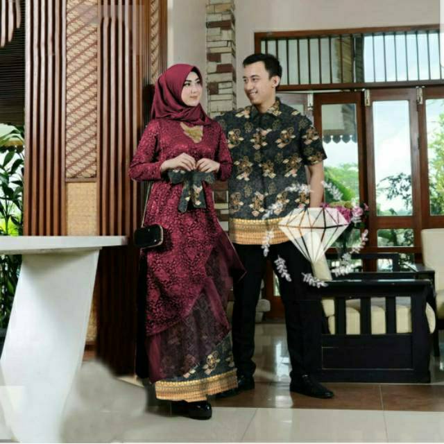 Batik Motif Baju Pasangan Kekinian Kekinian Kombinasi Dress Brokat Couple B2G4 Pesta Kondangan Polos