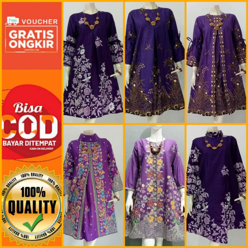 ATASAN BATIK WANITA WARNA UNGU PURPLE LILAC / TUNIK BATIK WANITA WARNA UNGU UNGGUL JAYA BATIK